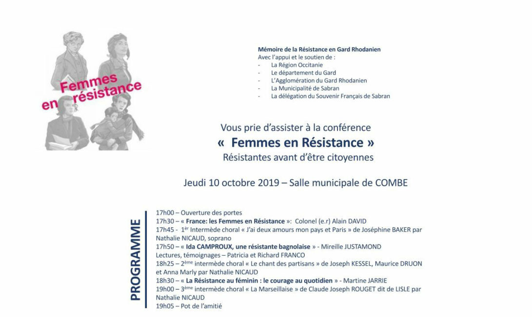 10 octobre 2019. Combe (30), salle municipale, 17 heures, conférence; « Femmes en Résistance », Nathalie interprétera quelques chants d’époque
