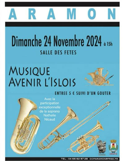 Dimanche 24 novembre 2024. Aramon (30), salle des fêtes, Nathalie est en concert avec l’harmonie de l’Avenir l’Islois dans un programme très éclectique, dirigé par Ludovic Bernard.