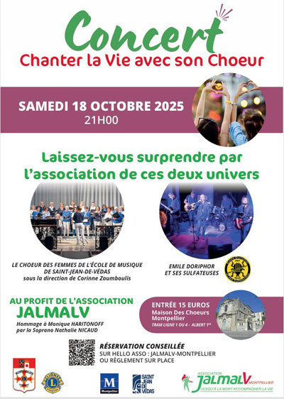 Samedi 18 octobre 2025 à 21H. Montpellier (34), Maison des chœurs, Nathalie sera accompagnée de son pianiste Christophe Back, hommage Monique Haritonoff, association JALMALV.