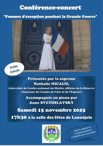 Samedi 15 novembre 2025. Lanuejols (48), mairie, conférence-concert « Femmes d’exception pendant la Première Guerre mondiale ».